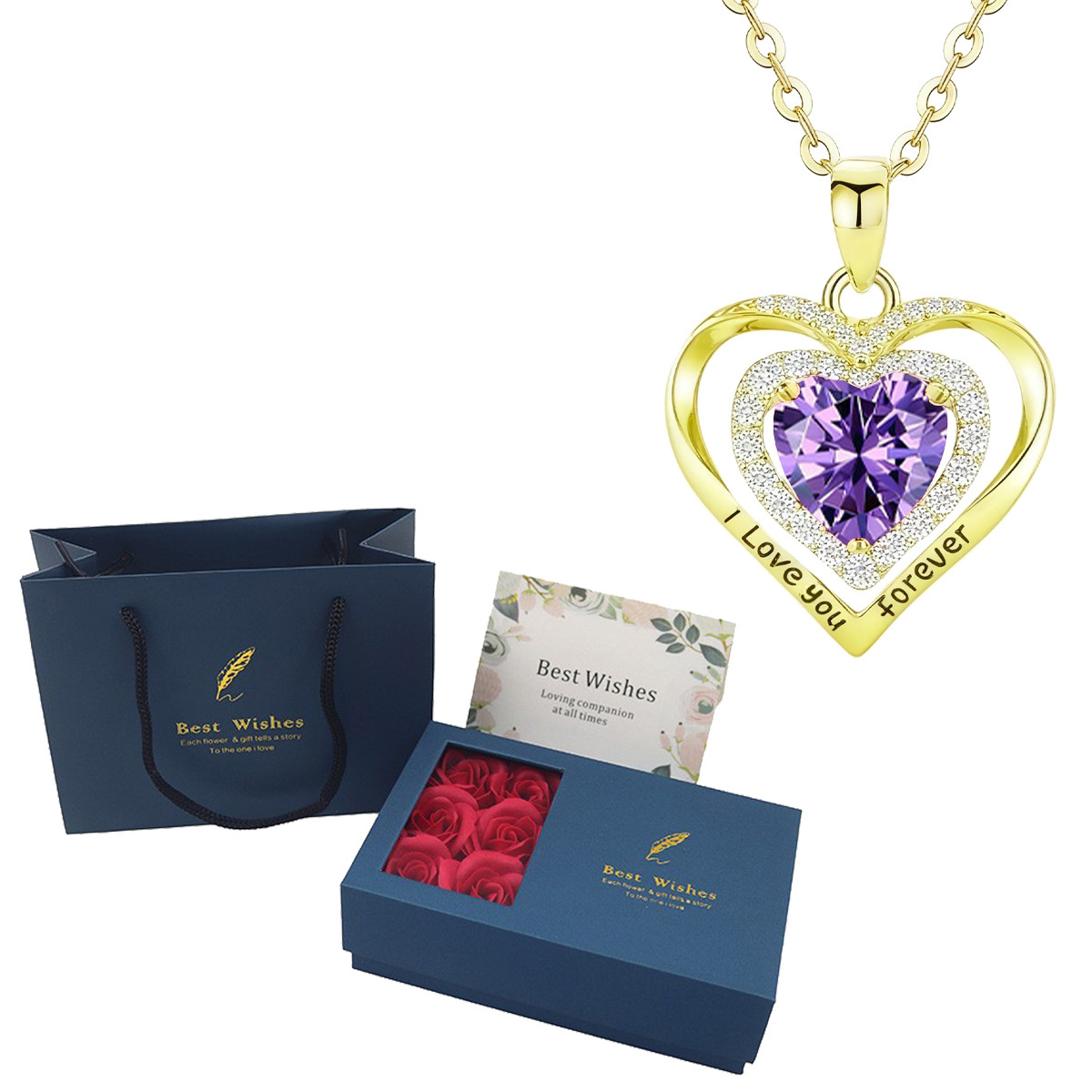 TEMU Golden Engraved Necklace, 8 Colors Heart Synthetic Zirconia Pendant, With 6 Red Roses Gift Box, Gift Bag & Floral Card, Jewelry Present For
