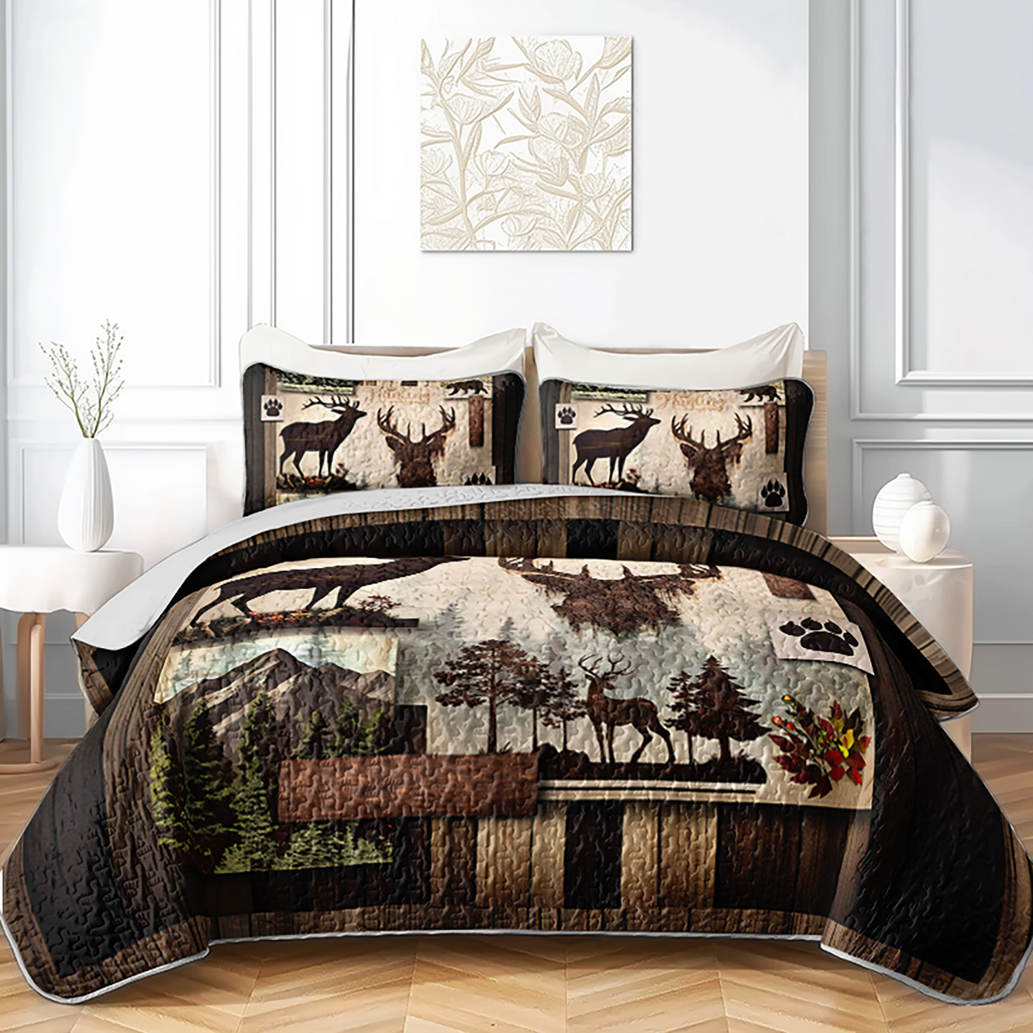 3pcs Rustic Deer Quilted Duvet Set Hunting Style Bed Set Soft And Comfortable Suitable All Bedrooms And Guest Rooms Making It An Gift (1 Quilt +2 Pillowcases Without Pillow Core)