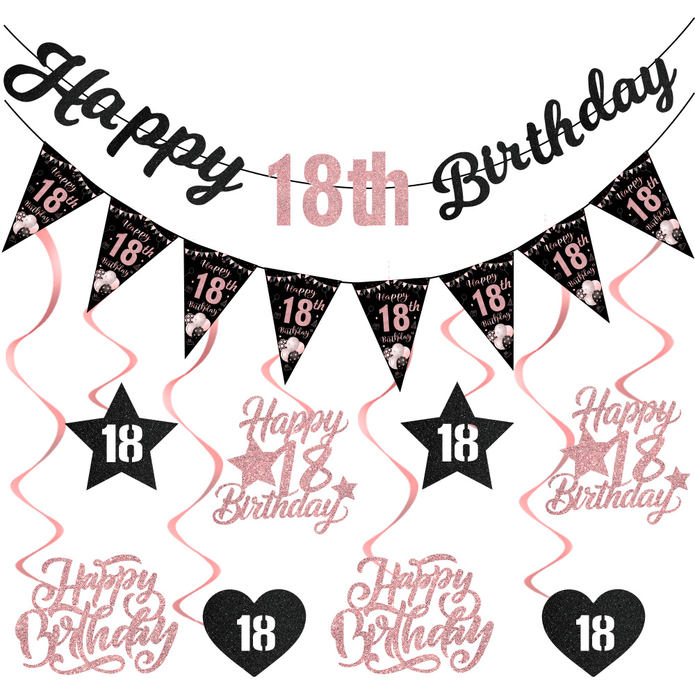 Image of 18th Birthday Decorations For Girls, Black Rose Golden Happy 18th Birthday Banner Triangle Flag With Glitter Hanging Swirls Vintage 2008 Birthday Decorations Hello Old Party Supplies