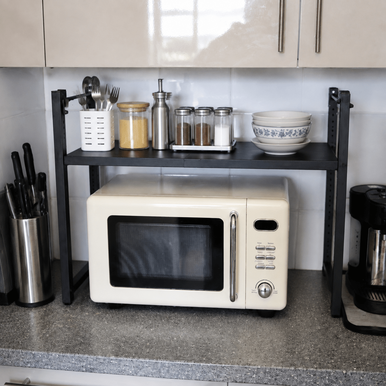 Image of 2 Tier Expandable Microwave Stand, 40-64cm Adjustable Width Shelf With 6 Hooks & Cutting Board Holder, Kitchen Storage Rack For Oven Baking Supplies