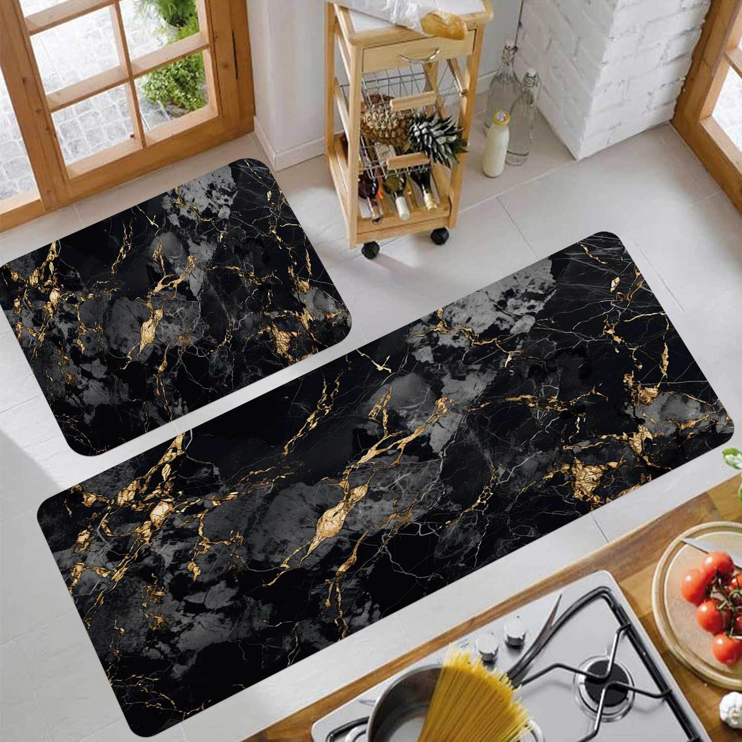 2pcs Retro Easy Style Decorative Kitchen Mats, Marble Pattern Printed Long Runner Rugs, Bar Anti-slip Mat, Kitchen Entrance Mat, Soft Hallway Carpet, Laundry Room Soft Mat