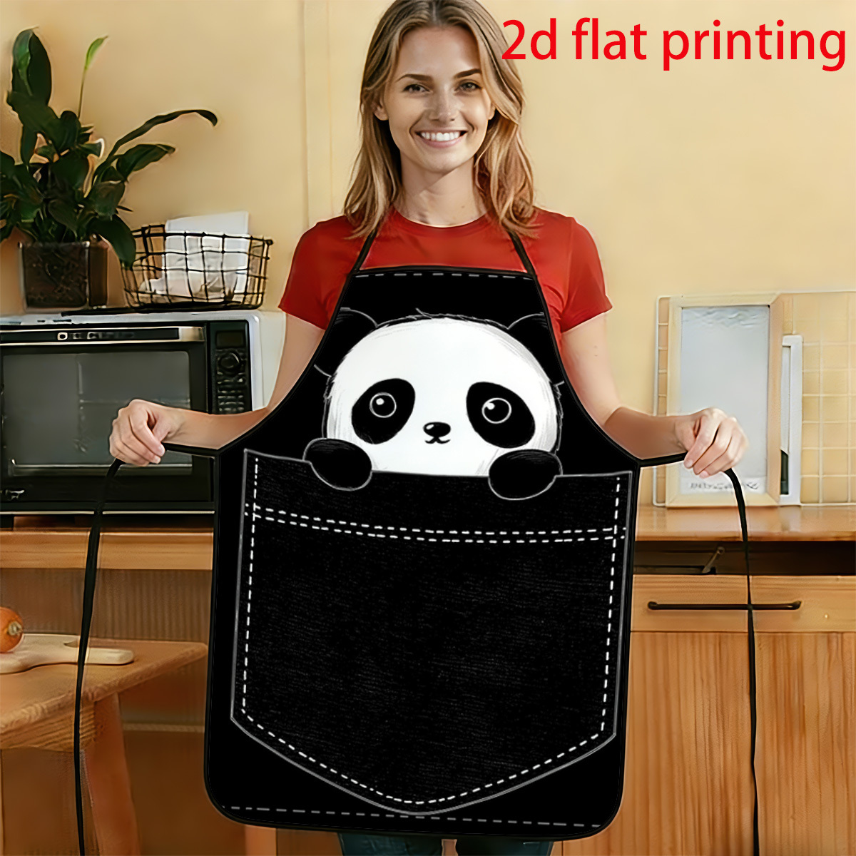 TEMU 1pc 2d Flat Panda Pocket Cute Object Print Apron, Durable And Easy To Clean, Adjustable Waist Belt, 23.6inch X 31.4inch/20.4inch X 28.3inch 2