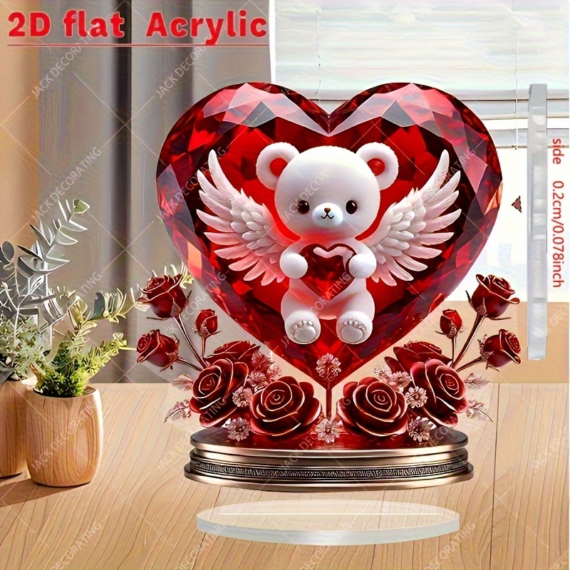 Image of 2d Flat, A 2d Flat Acrylic Teddy Bear Heart-shaped Ornament - A Romantic Acrylic Desktop Decoration With Red Roses, A Valentine's Gift, Battery-free, Exquisite , 2d Flat halloween Christmas Decoration