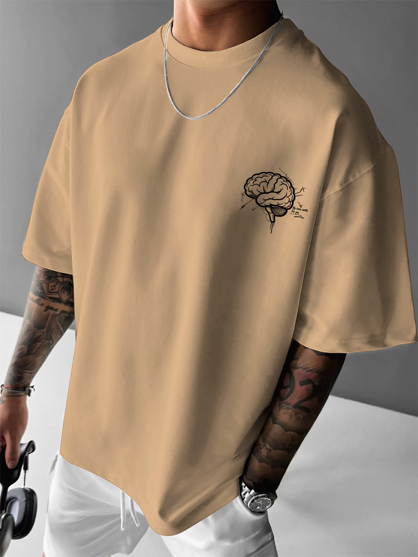 American Style Men'S Casual Round Neck T-Shirt with Thought-Provoking Slogan And Brain Print for Casual Gatherings And Trendy Outfits
