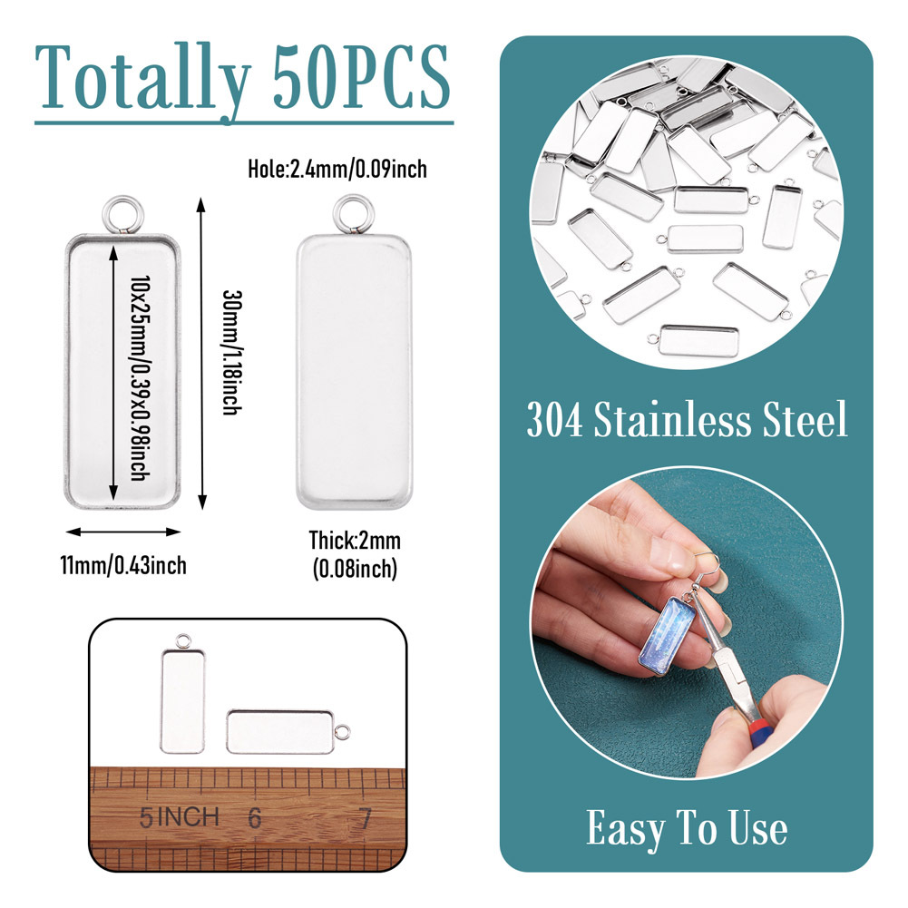 TEMU 50pcs 304 Stainless Steel Pendant Cabochon Settings, Plain Edge Bezel Cups, Rectangle, Ideal For Necklace & Jewelry Crafting