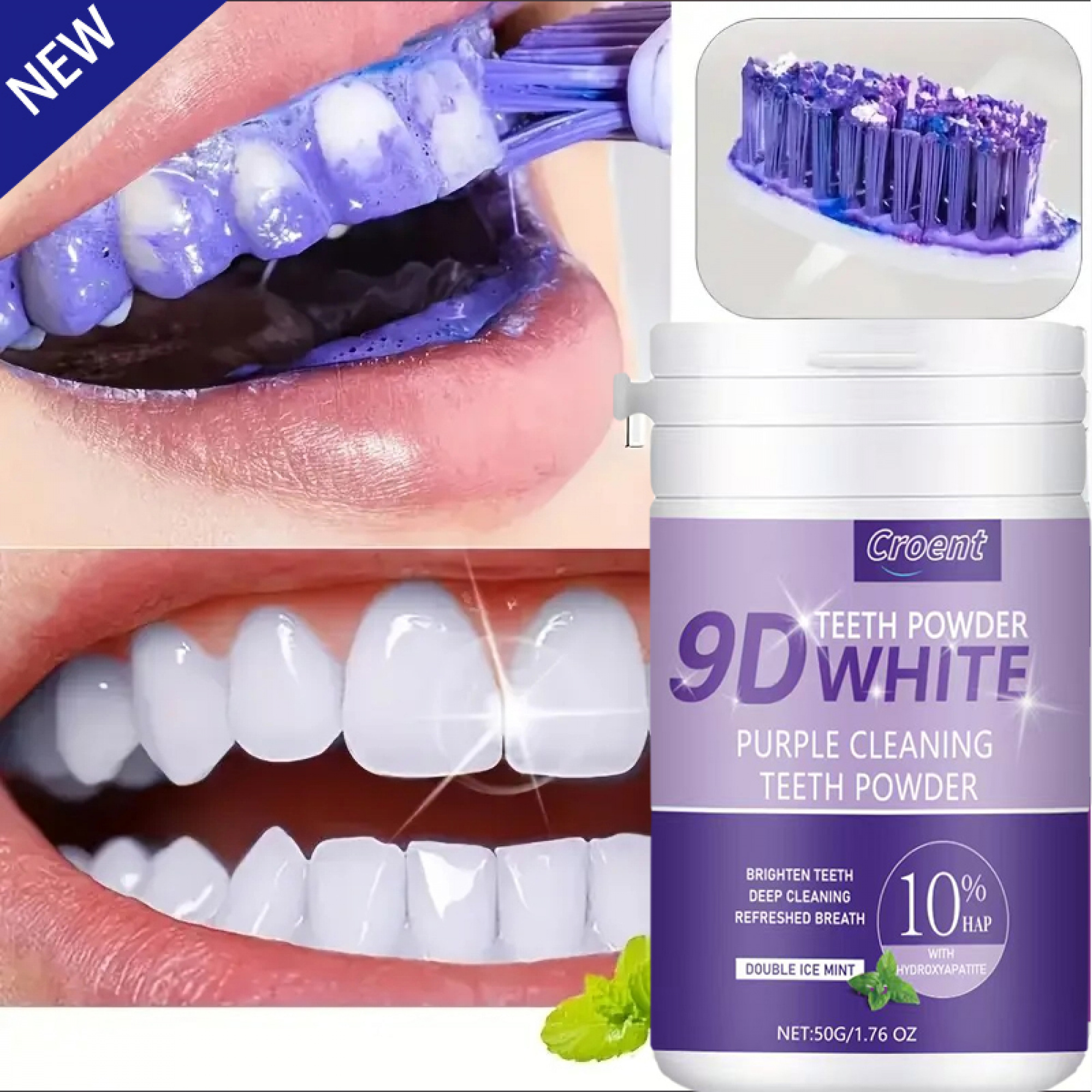 TEMU Tooth Powder, New 9d Purple Powder/toothpaste By Brushing Only, 50g/1.76oz - Brightening Teeth, 360°deep Cleansing, 12h Breath By Brushing Only