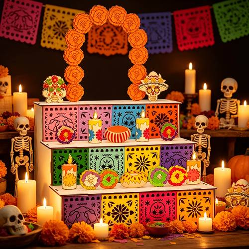 halloween three tier stepped wooden party table centerpiece main structure of with hollow colored patterns on the sides top decorated with chrysanthemum wreath and skull ornament layers with candles flowers