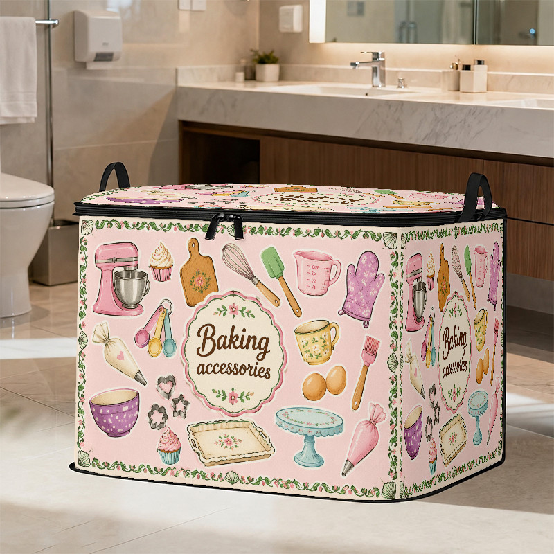 TEMU Soft Fabric Storage Box - Sweet Retro Baking Theme Printed Box, Featuring Mixer, Cake, Measuring Cup Patterns, Pink And Nude Color With Vine