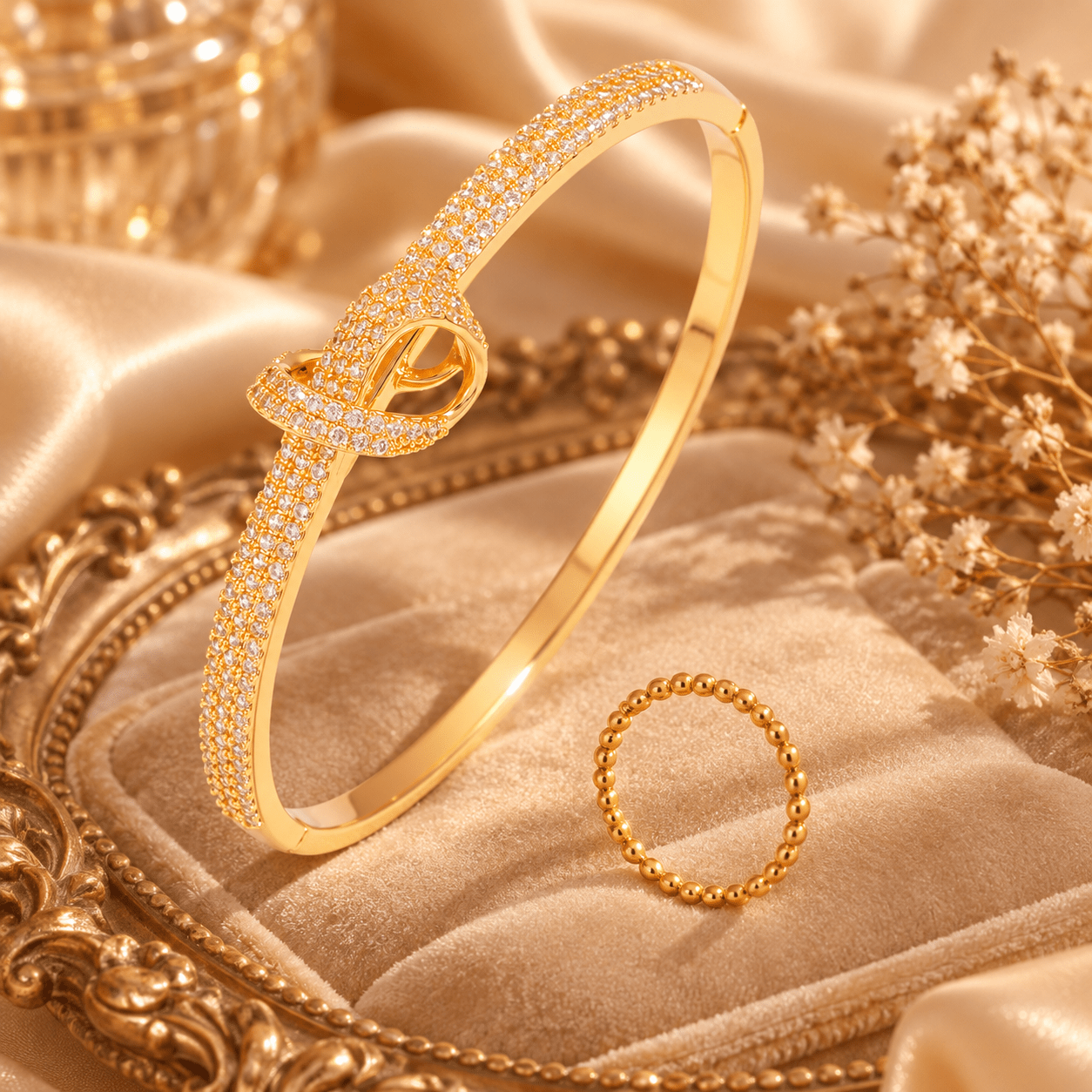 Unisex 2pc 18K Gold Plated Bracelet & Ring Set, Exquisite Design