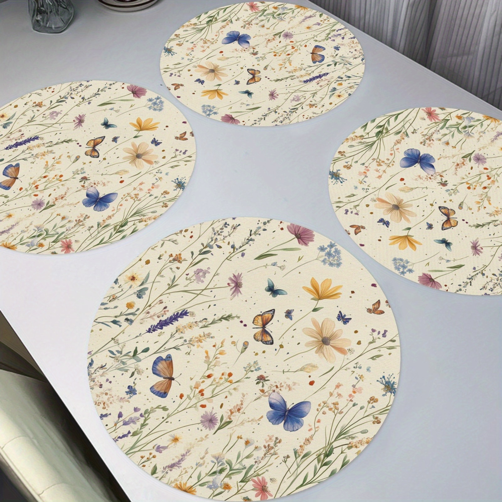 

4pcs Placemats Round Spring Wildflowers And Butterflies Place Mat Non-slip Washable Place Mats Gift For Daily Banquet Party Dining Table Decoration