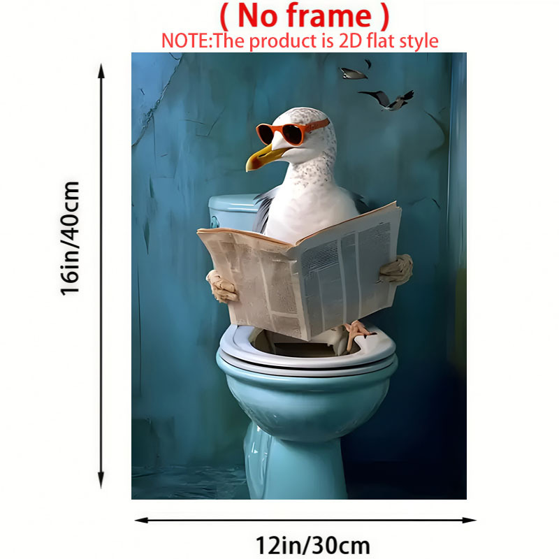 E-shop 1 Stück Verspielte Möwe liest Zeitung auf der Toilette Leinwandbild - 12x16 Zoll Ungerahmtes Lustiges Badezimmer-Dekor, Cartoon-Tierposter für