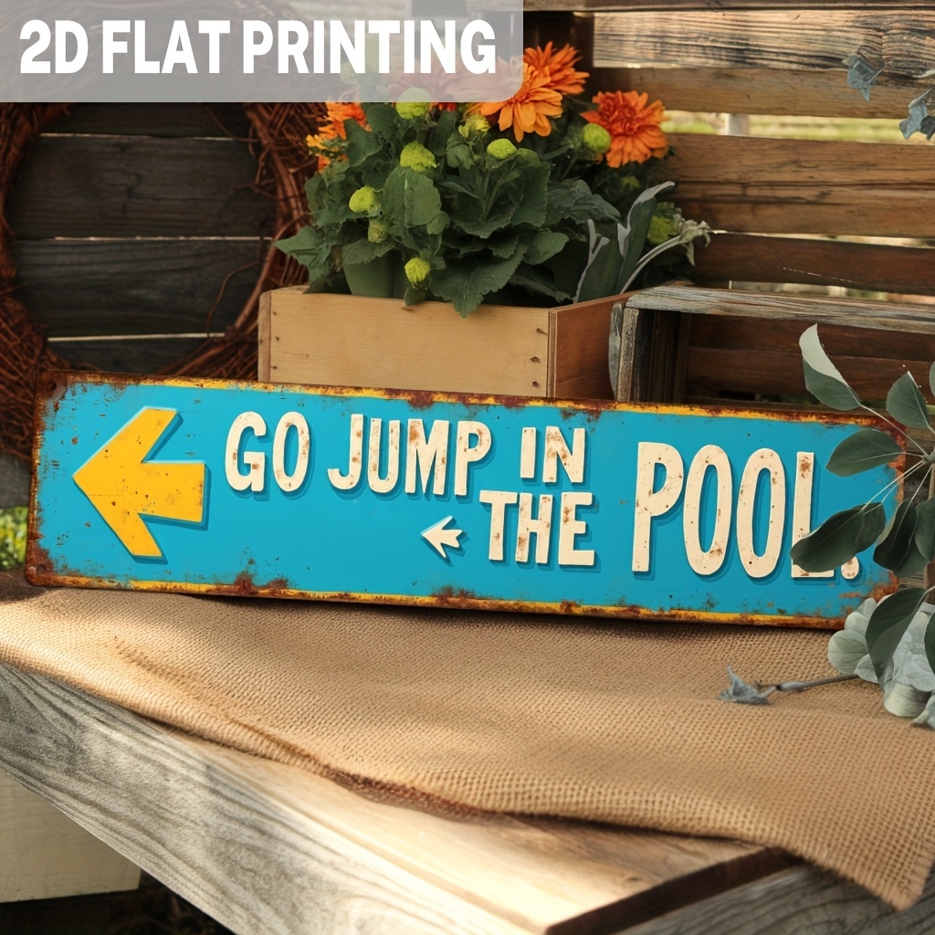 2D Flat, [2D Flat] 2D Flat, 1pc, Wooden Printed Vintage Sign with the Text "Jump in the Pool" - Featuring a Turquoise and Yellow Vintage Arrow Design - Perfect for Rustic Pool Party Decor, Courtyard, Lawn, and Gardening > Outdoor Ornaments > Outdoor