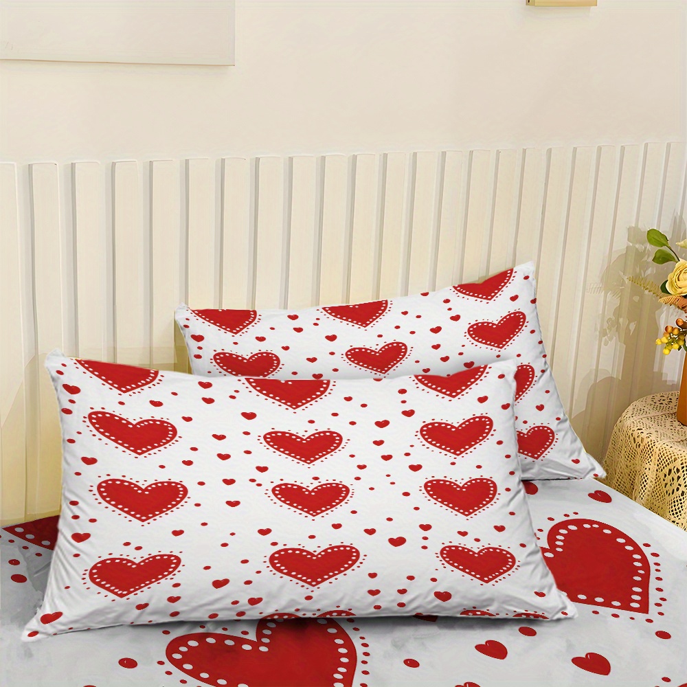 3pcs valentines day bedding set red hearts on white fitted sheet pillowcases soft mattress protector with deep pocket   to   machine washable   sheets for couples hotels dorms   design dorm essentials romantic decor durable construction hotel owners Product details 3