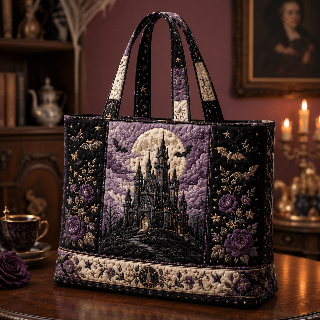 Image of 17*15 Inch Women's Quilted Tote Bag With Night Sky Moon Bat Embroidery - Large Capacity Shoulder Bag For Travel, Work And Daily Use, Hand Washable