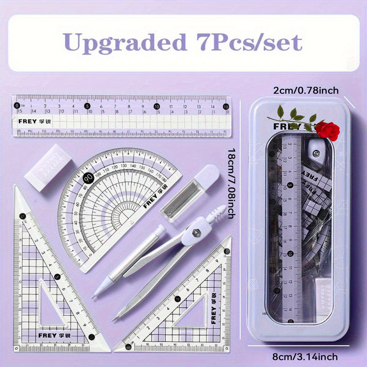 TEMU 7pcs Ruler Set Triangle Ruler Protractor Rubber Compass Student Stationery School Supplies Back To School Math Supplies