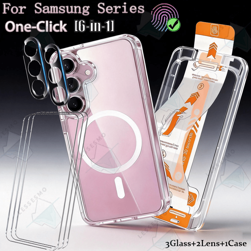 TEMU [tempered Glass+lens+case Set] 3pcs Hd Tempered Glass With Dustproof 2pcs Camera Lens+1 Transparent Magnetic Phone Case, Suitable For