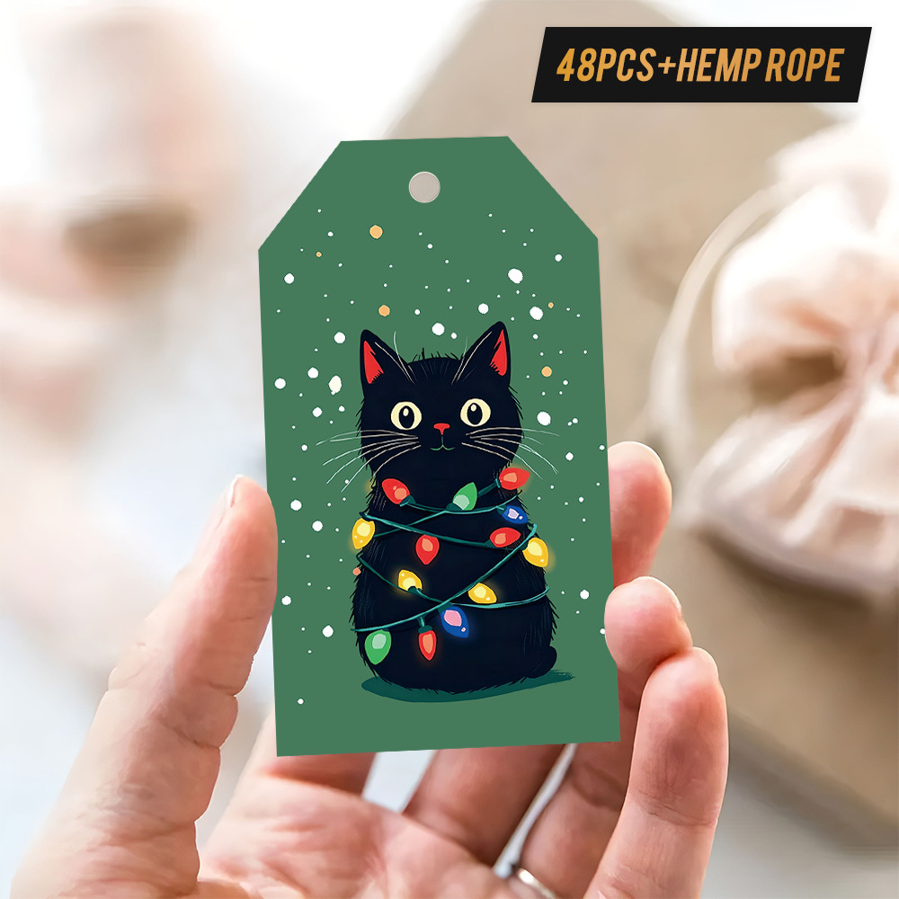 TEMU 48pcs Christmas Gift Tags With Hemp Rope, About Black Cat Wrapped In Colorful Lights With Snowflakes, Whimsical And Festive Design, Atmosphere,