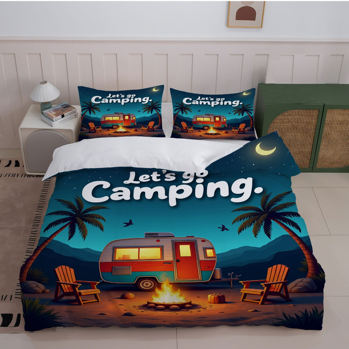TEMU 3pcs Camping Themed Bedding - Blue And Orange Print   Text (1duvet Cover   2pillowcase, Without Core) - Perfect For And Cozy Bedrooms