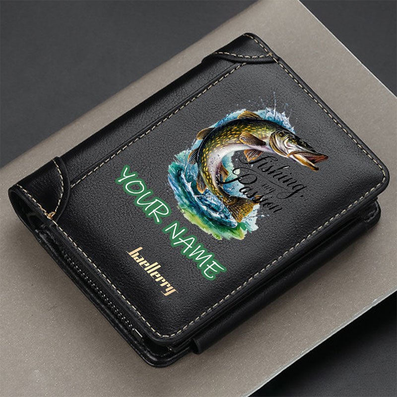 TEMU Customizable Name Printed Northern Pike Fishing Pattern 1pc Business Wallet, Men's Short Bifold Faux Leather Card Holder Cash Storage Purse For