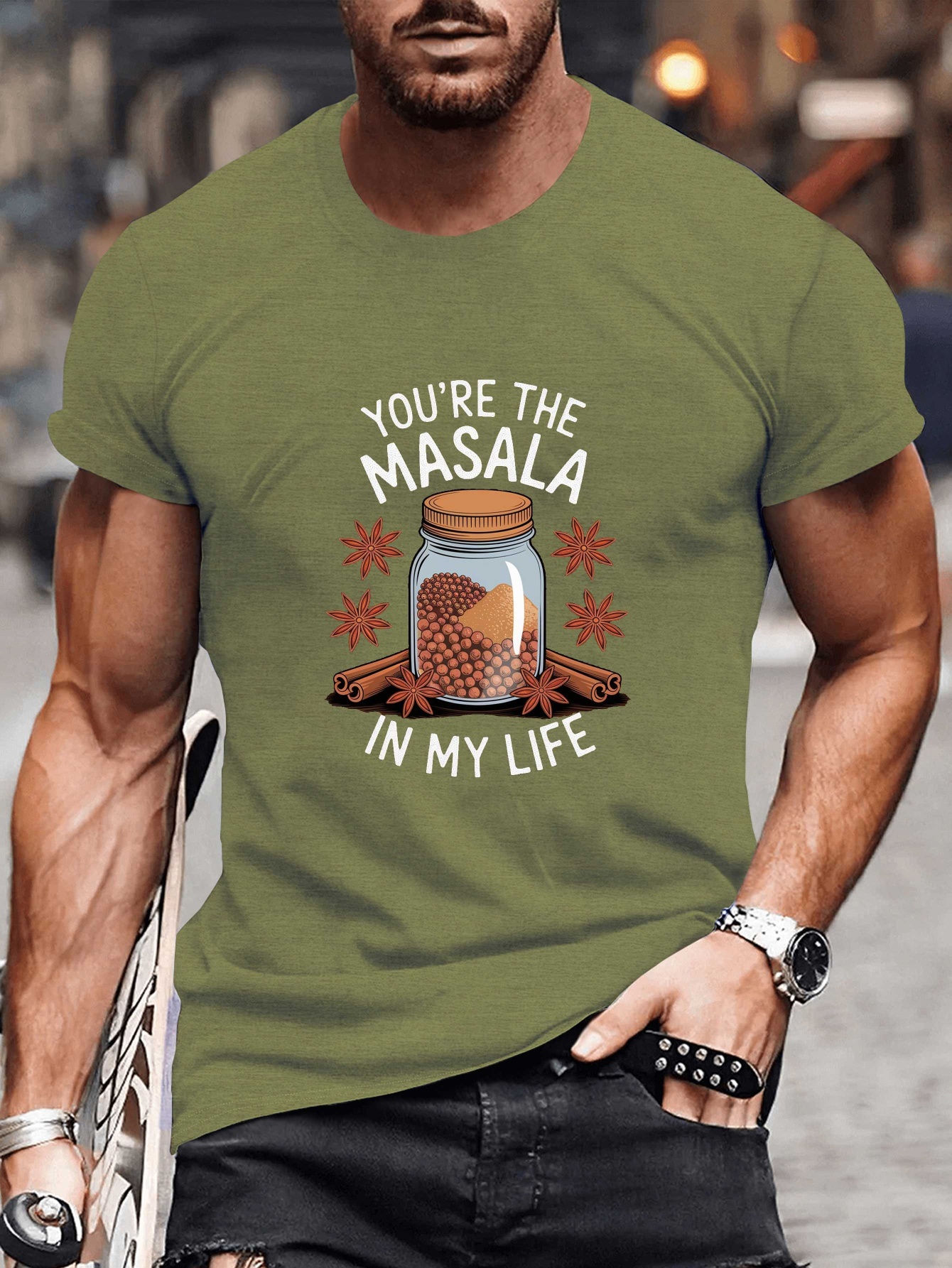 Men's Indian -Themed T-Shirt - "You're The Masala In My Life" Print with Curry Powder & Chili Peppers - Lightweight Summer Casual Crew Neck Short Sleeve Tee for Indian Lovers & Cultural Apparel 6751b27914974989a11840a15a4e523d Goods