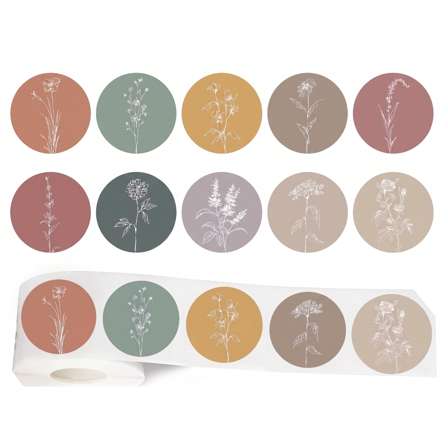 TEMU Rotolo di 500 adesivi Boho - Autoadesivi adatti per journaling, scrapbooking, confezioni regalo | Etichette minimaliste con botanici a linea