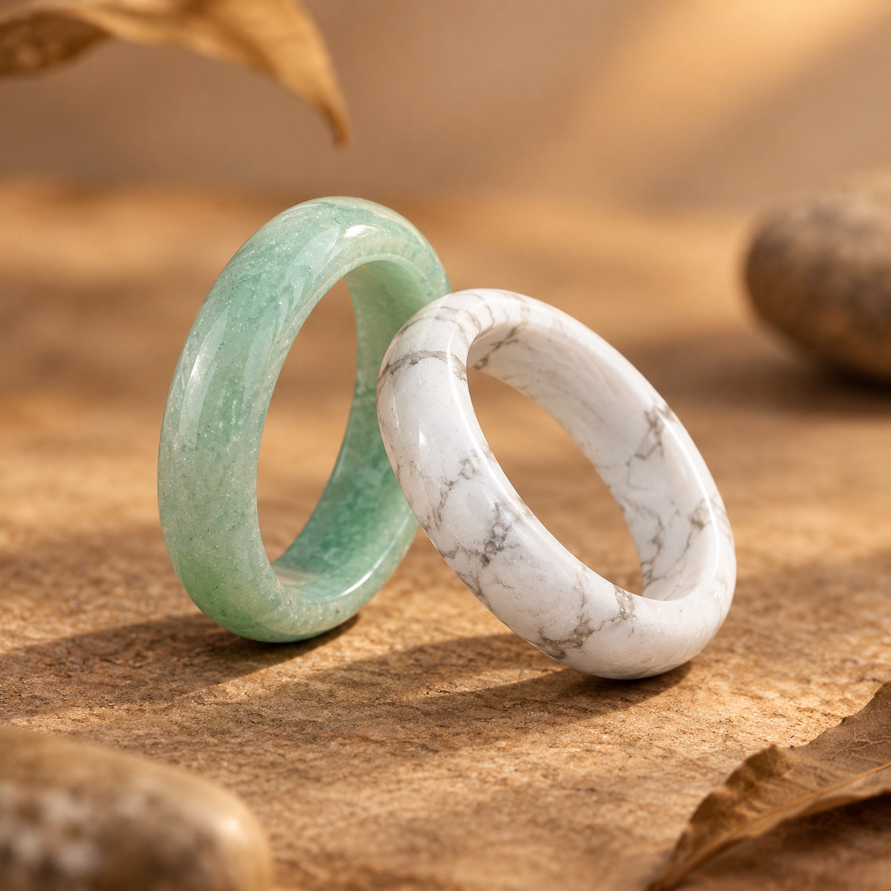 2pcs Green Aventurine & White Turquoise Band Ring Set