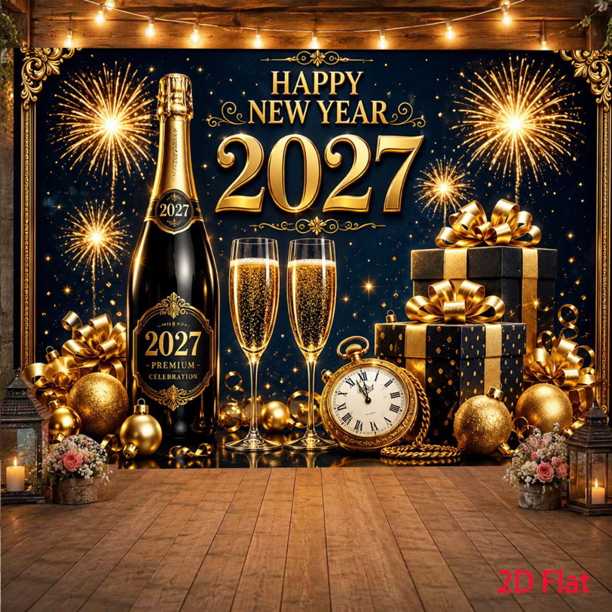 TEMU 2d Flat, 1pc, 2027 Happy New Year Theme Golden Luxury Decor Champagne Gift Boxes Fireworks Vintage Pocket Watch, Photo Backdrop For Birthday