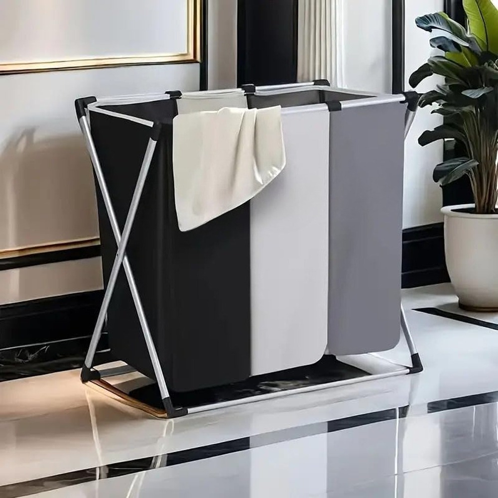 Large Foldable Laundry Basket With 3 Compartments, Stainless Steel Holder, Dirty Laundry Bag With Handle For Bathroom, Bedroom, Home (classic Model), Laundry Baskets