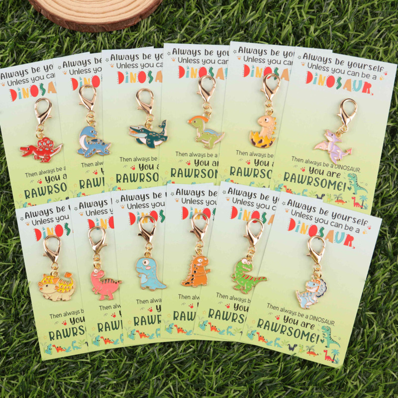 TEMU Gift For Her/him 12pcs Set Of Adorable Multi-style Dinosaur Keychains With Fun And Inspirational Dinosaur Cards, Classroom Reward Charms, Small