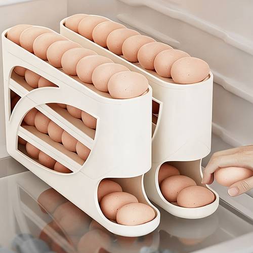 1pc rack space saving side door design holds 30 eggs smooth and glossy end convenient handle suitable for kitchen and refrigerator storage modern durable plastic material