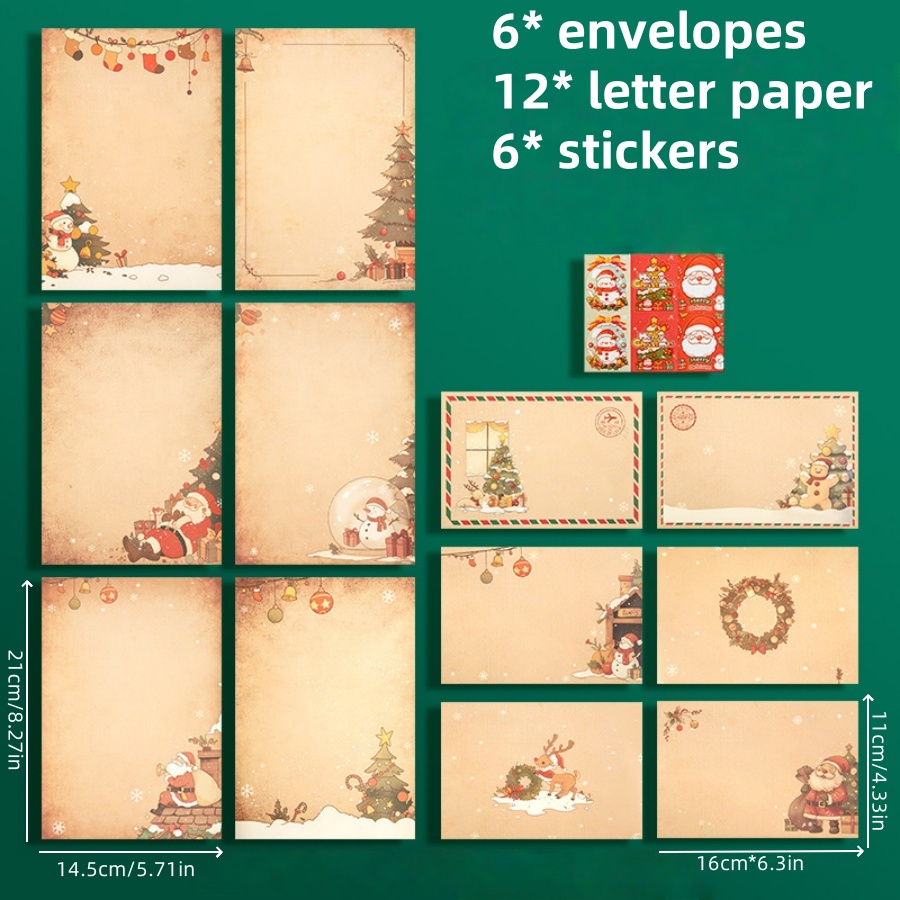 Image of 6/12pcs Christmas Envelope Letter Paper Sticker Set Party Favor Paper Vintage Santa Claus Snowman Reindeer Gingerbread For Man Letter Paper Envelope
