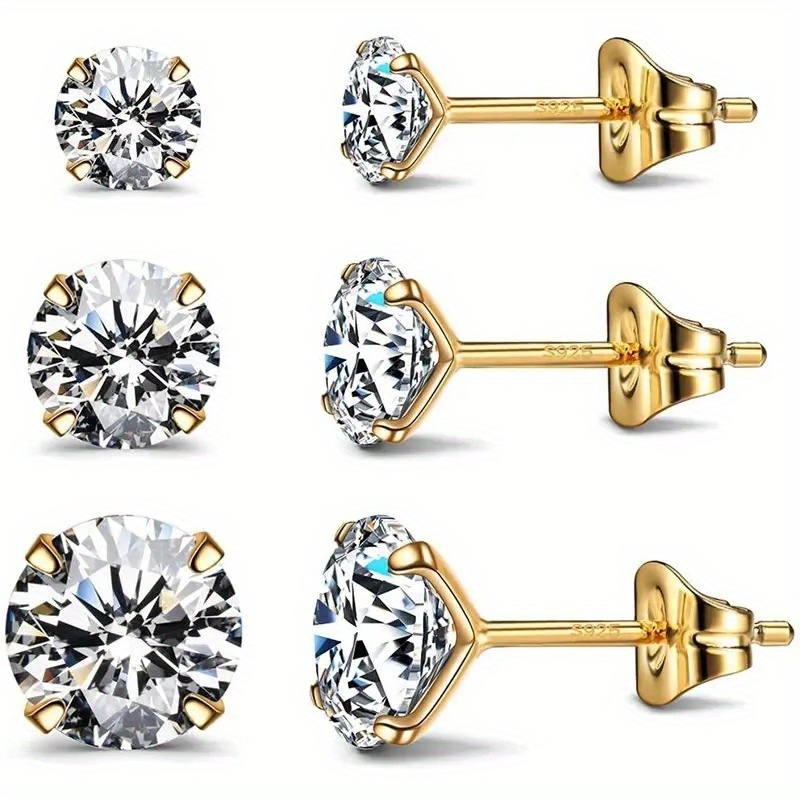 TEMU 1pc 18k Gold-plated Simple And Fashionable Four-prong Transparent Synthetic Zirconia Stud Earrings
