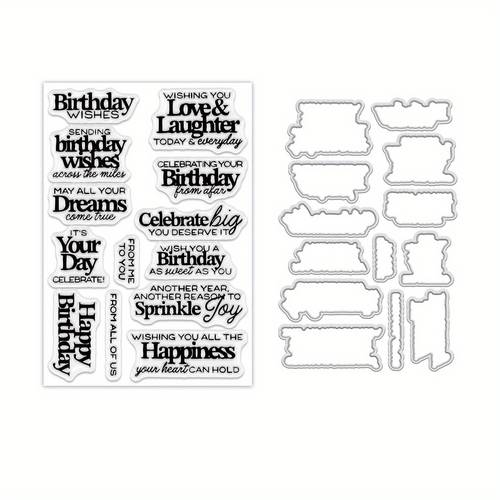 a set of clear stamps sweet birthday sentiment words and metal dies including sentiment words such as birthday and happy birthday for handmade decoration