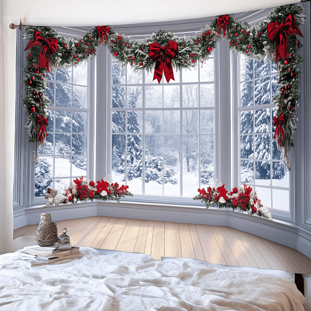 

Snowy Winter Christmas Wall Tapestry - Scenic Holiday Backdrop, Polyester Decor For Living Room