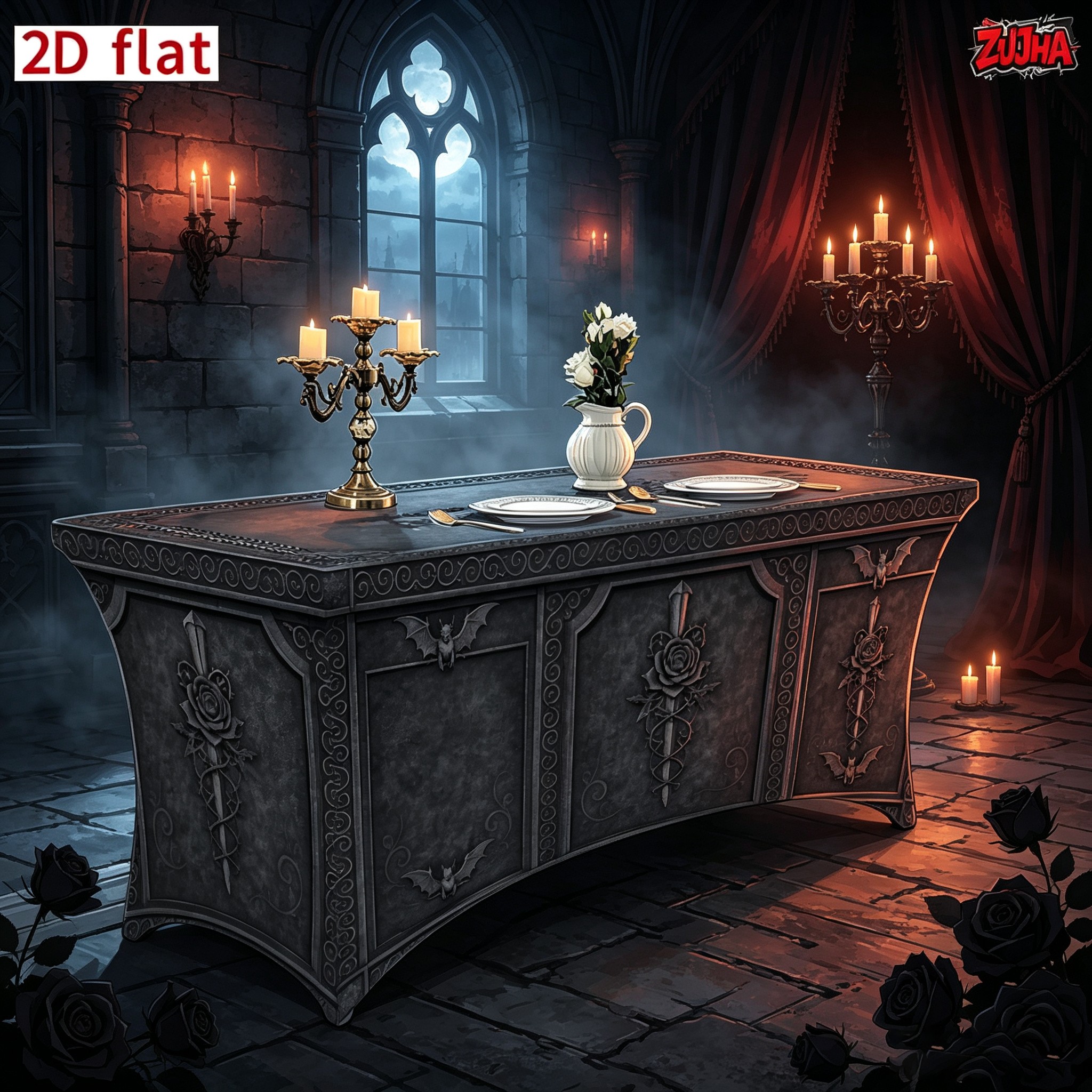TEMU Nappe 1 pièce gothique avec chauve-souris vampire et rose, bords élastiques - Couverture complète, convient hantée d'Halloween, les fêtes sur le