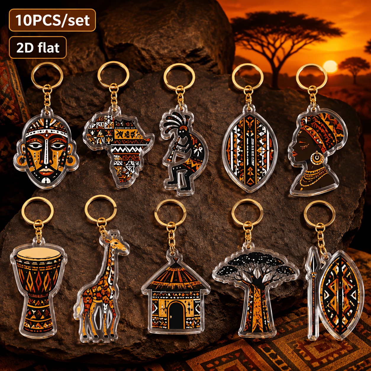 TEMU 2d Flat, 10-pack Vibrant Decorative African Cultural Themed Tribal Pattern Acrylic Keychains, Key Rings, Bag Charms, Travel Souvenir Gifts, 2d