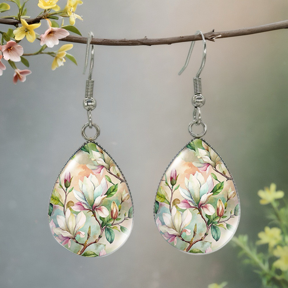 TEMU 1 Pair Of Exquisite Magnolia Earrings - Watercolor-style Botanical Pattern Drop Jewelry, A Gift For Women