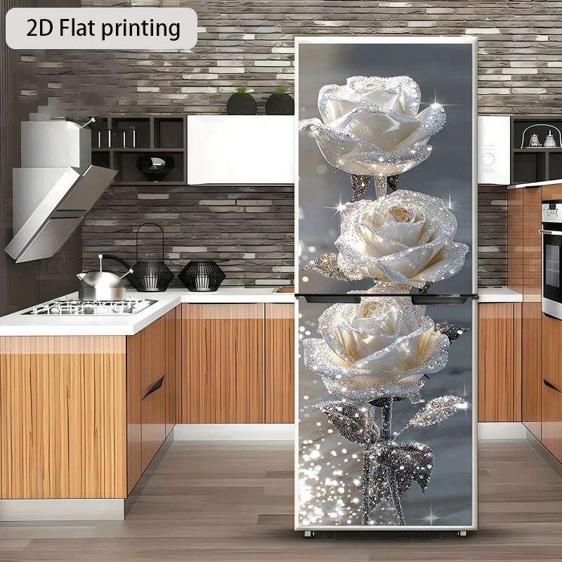 Image of 2d Flat Printing 1pc Refrigerator Sticker 60×180cm Shining White Rose Themed Design Wall Decal Self-adhesive Wallpaper Suitable For Cabinets And Wardrobes, Modern Kitchen Decor Home Sticker, 2d Flat