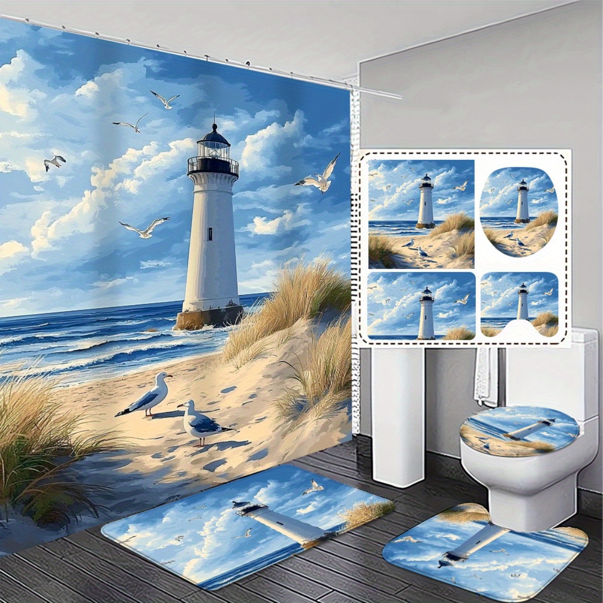 TEMU Ensemble de décoration de salle de bain 2D plat, 4 pièces. Ensemble de rideau de douche 2D plat phare de plage avec couvercle de bain et de