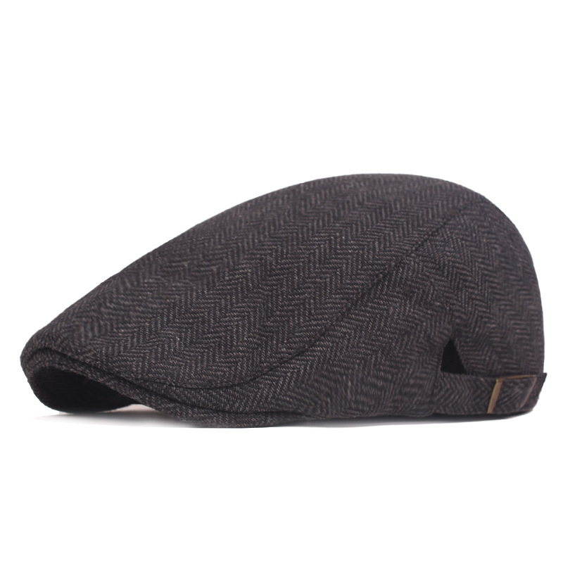 TEMU Men's Herringbone Beret With Adjustable Side - Stylish Black & White Striped Design, Warm Polyester, , Beach Parties, And Casual Wear, Beach