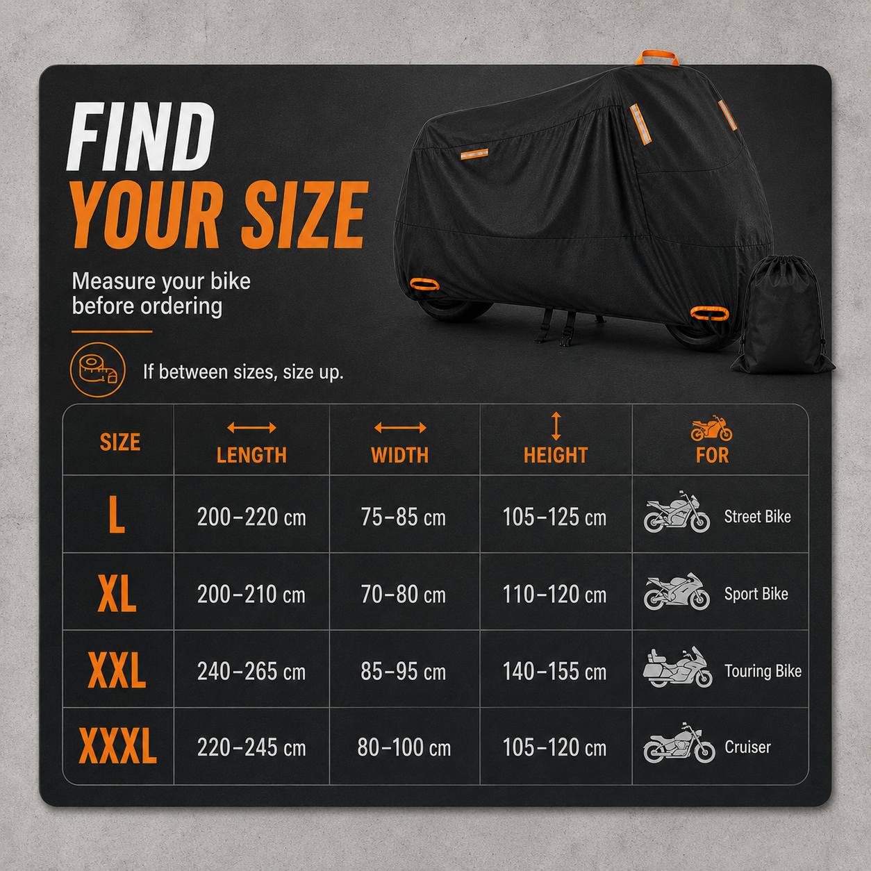 Image of Motorcycle Cover With Reflective Trim, Cover With Lock Holes, Bottom Secure Straps, Top Carry Handle And Storage Bag, Fits Standard Cruiser Bikes For Outdoor Parking