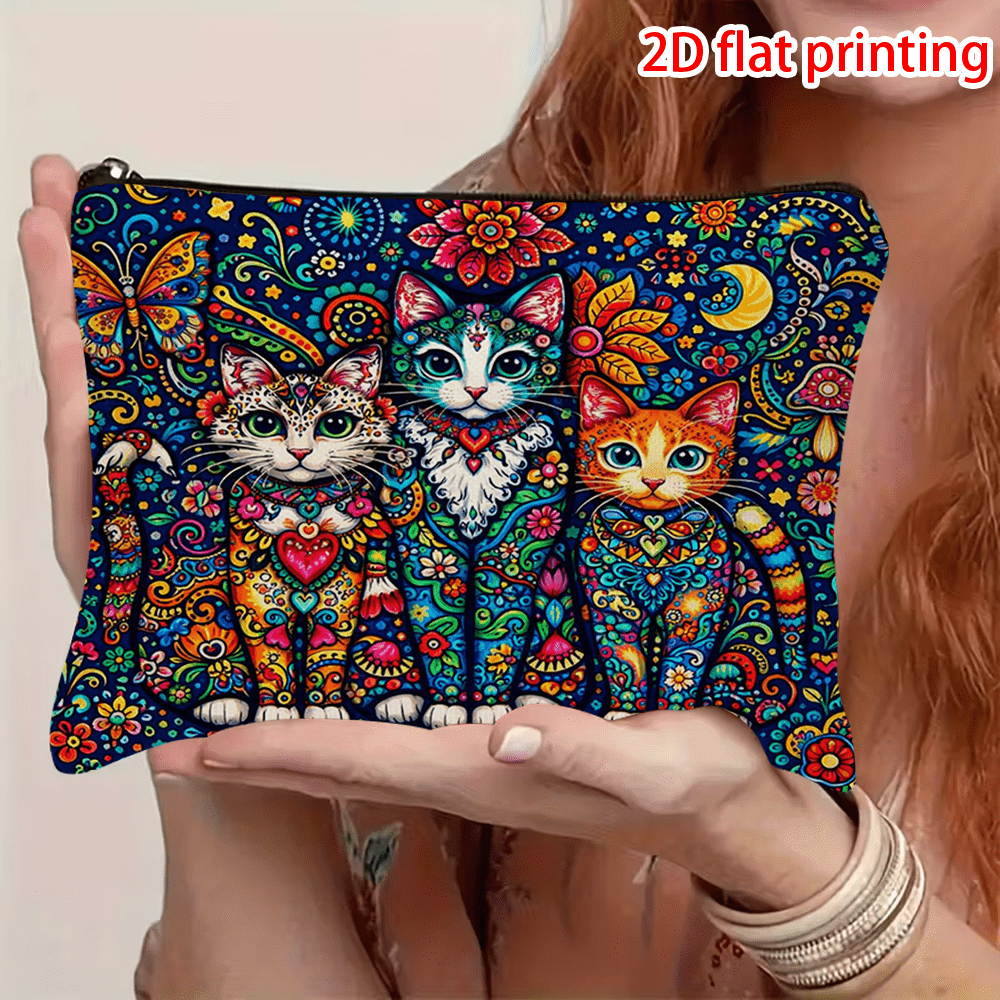 TEMU 1pc Women's Colorful Cat 2d Flat Printing Makeup Bag With Vibrant Floral Patterns, Durable Fabric, Zipper Closure, Ideal For Travel And Daily
