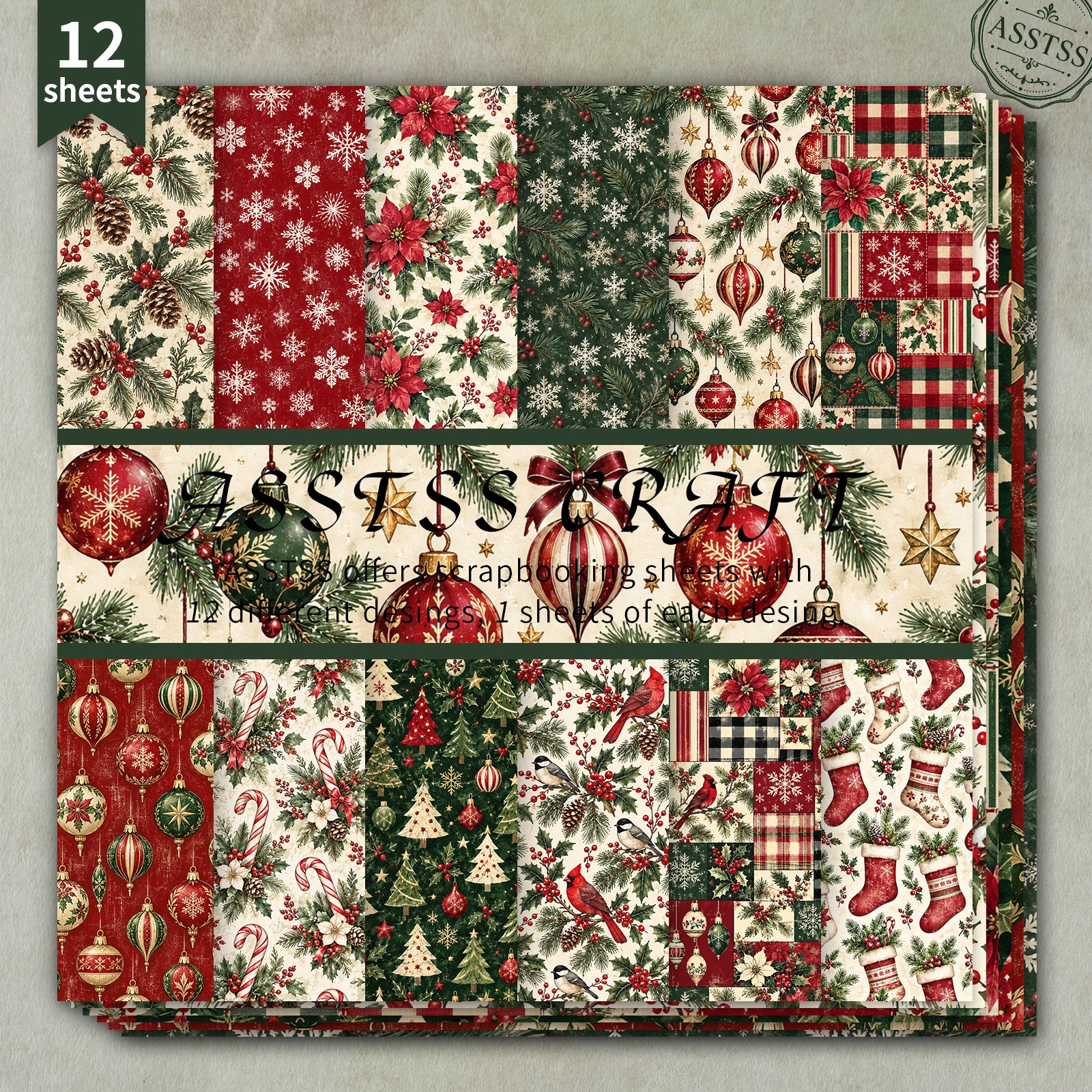 TEMU Bloc de papier scrapbooking ASSTSS de 12 feuilles, 6X6 pouces, vintage Noël Étoile de Noël Branche de pin Boule Style à carreaux, papier de base