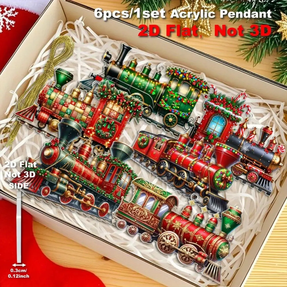 TEMU 2d Flat, 2d Flat Ornaments - 6pcs Of Christmas Train Acrylic Pendants: Add Festive Charm To Home, Classroom, Or Office Decorations; Used As Tree