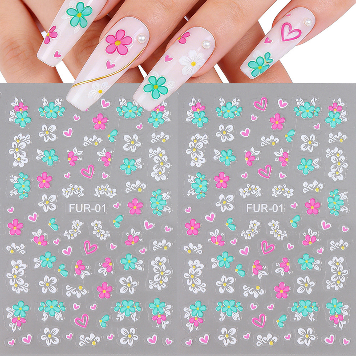 2pcs Colorful 3d Embossed Nail Art Stickers And Decals - Glossy Self-adhesive Flower Decals For Diy Nail Art, Home Decor, Reusable For Women And