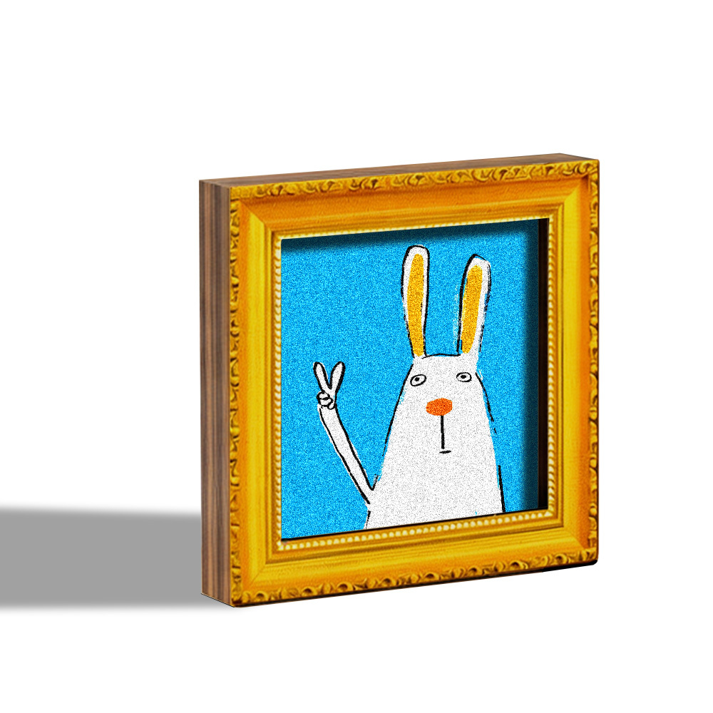 E-shop 1 entzückender Hasen-Kühlschrankmagnet, Mini-Dekorationskunst aus Holz, niedlicher weißer Hase mit „Friedens“-Geste, leuchtend Hintergrund,