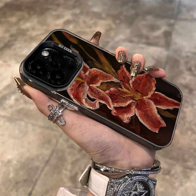 Oil Painting Lily Flower Vintage Pattern Suitable for TPU Case for iPhone 16 PRO MAX, iPhone 15/14 PLUS/13 Pro/12/X/XR/XS MAX Durable Anti-Drop Colorful Silvery Protective Cover with High Aesthetic Appeal - Image 4