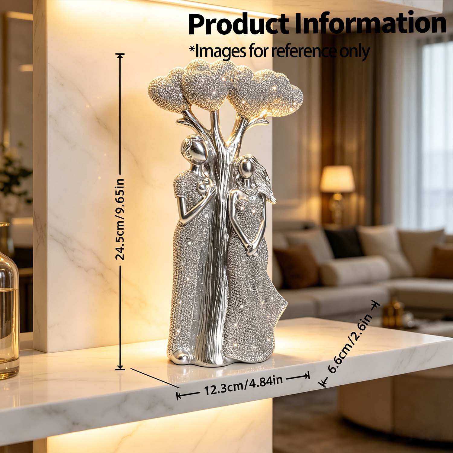 TEMU 1 Silvery Diamond-studded Couple Statue Ornament, Golden And Silvery Diamond-studded Heart-shaped Crown, Artistic Resin Decoration, Love And