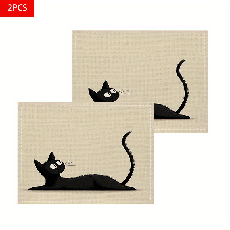 TEMU 2pcs Black Cat Print Placemats, Stylish Single-sided Print Placemats, 12x18 Inches, Linen Fabric, Suitable For Dining Tables, Kitchens, Parties,