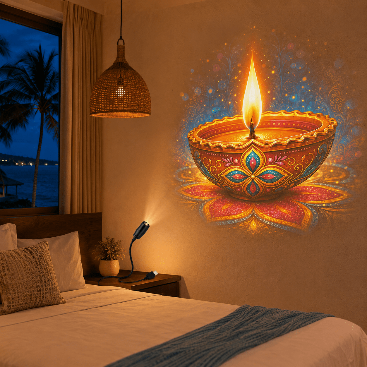 TEMU 1pc, Usb Projection Lamp With Diwali Oil Lamp Design, Flexible Gooseneck Wall & Ceiling Projector Night Light, Seasonal Bedroom & Living Room